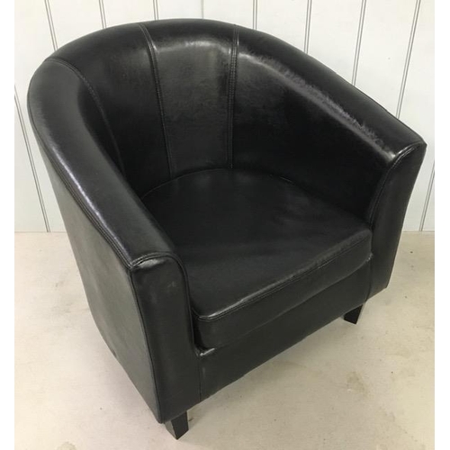 147C - A black, leather tub chair. Dimensions(cm) H75(40 to seat), W77, D69.