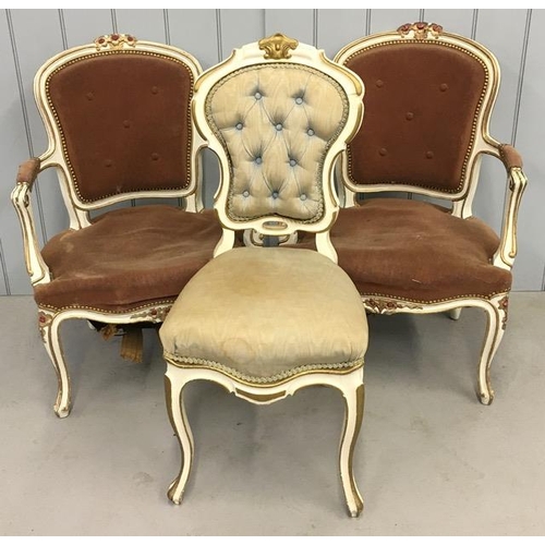 151A - A pair of painted, antique, French elbow chairs, together with another similar. In need of re-uphols... 