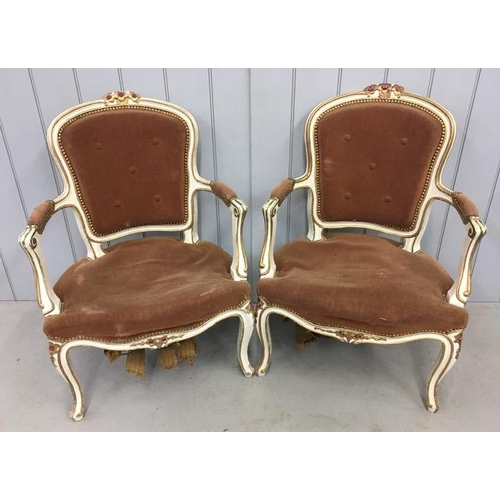 151A - A pair of painted, antique, French elbow chairs, together with another similar. In need of re-uphols... 