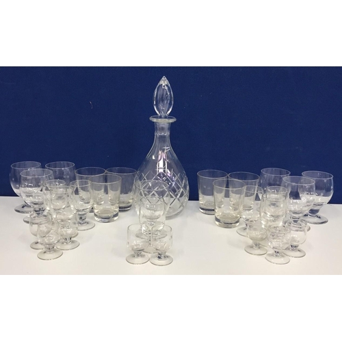 204 - A Whitefriars decanter, with a selection of Whitefriars glasses.