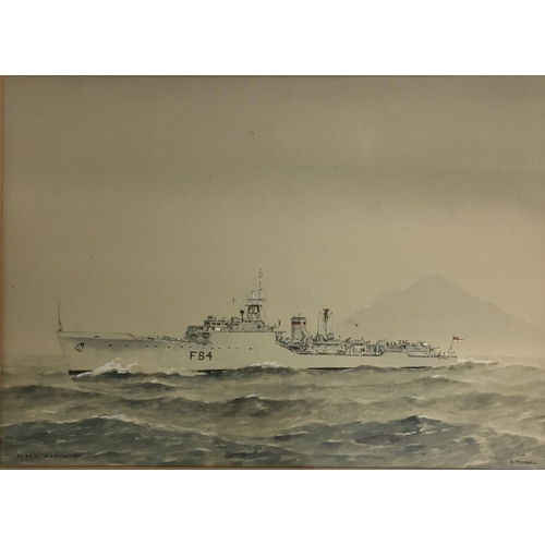 310 - A framed watercolour, by Eric Tufnell (British 1888-1978) 'HMS Exmouth' at sea. Framed dimensions(cm... 