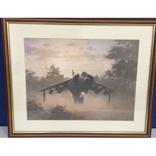 312 - A framed print, after Keith Woodcock - 'Secret Mission', featuring a harrier jet. Framed dimensions(... 