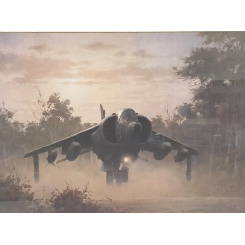 312 - A framed print, after Keith Woodcock - 'Secret Mission', featuring a harrier jet. Framed dimensions(... 