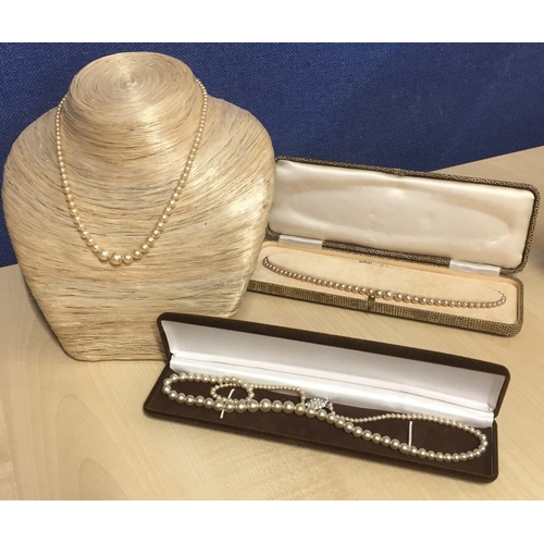 423A - Three vintage, boxed, simulated pearl necklaces. Lengths 42cm, 43cm & 54cm.