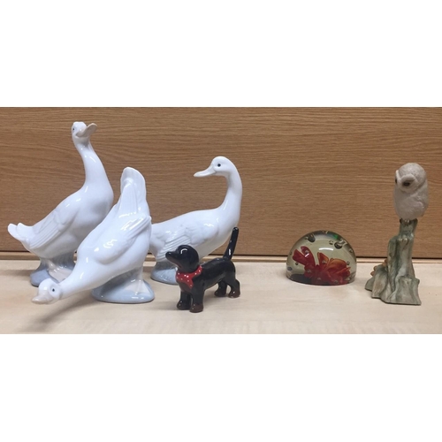 508 - A mixed lot of three geese, by Nao, glass paperweight, owl by Hawick & a little dog (possible ring h... 