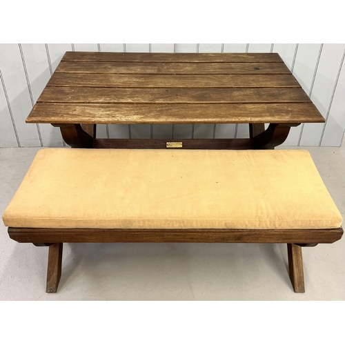 639 - A hardwood table & bench (with cushion), by Woodfurn of Bristol. Dimensions(cm) H72/45, W127/127, D7... 