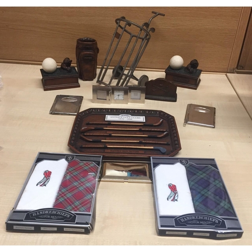 721 - A selection of twelve pieces of golf paraphernalia. Includes brass photo frames/clock, antique clubs... 