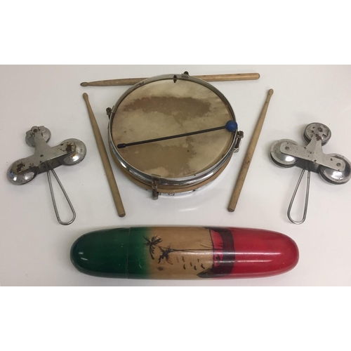 744 - A selection of musical instruments. Includes  percussion drum, etc.