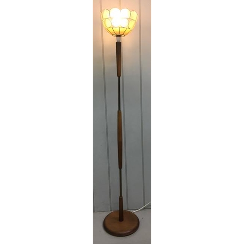 813 - A teak uplighter, with shade. Tested & appears in full working order. Height 163cm.