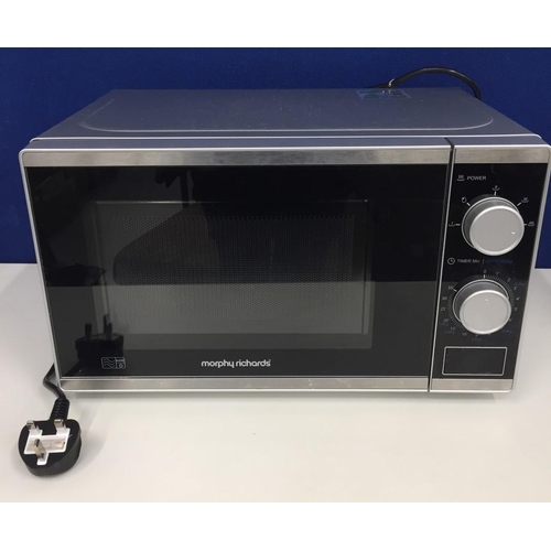 827 - A boxed Morphy Richards 800w silver coloured microwave oven. Model MM820C2LP(F)-PM. Tested & appears... 