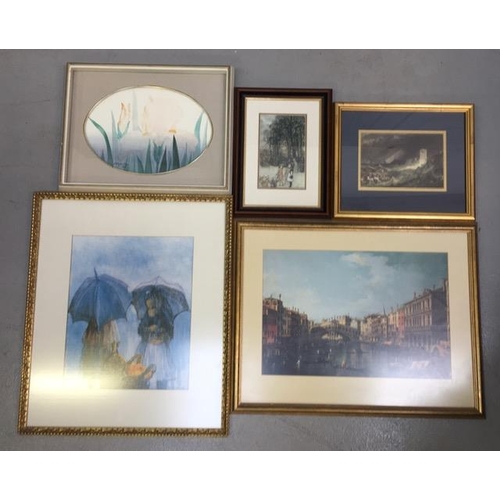 320 - A mixed lot of four framed prints & one original watercolour.