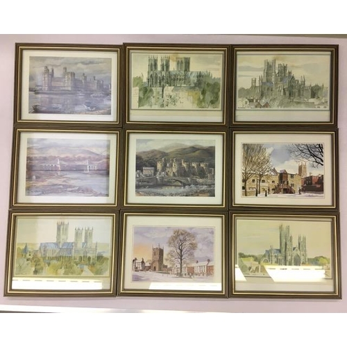 334 - A collection of nine framed prints/cards, mainly of national cathedrals & local Gloucestershire chur... 