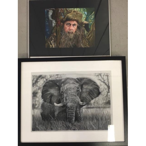 335 - A framed colour 'Gandolf' print on canvas, together with a monochrome framed Elephant print. Dimensi... 