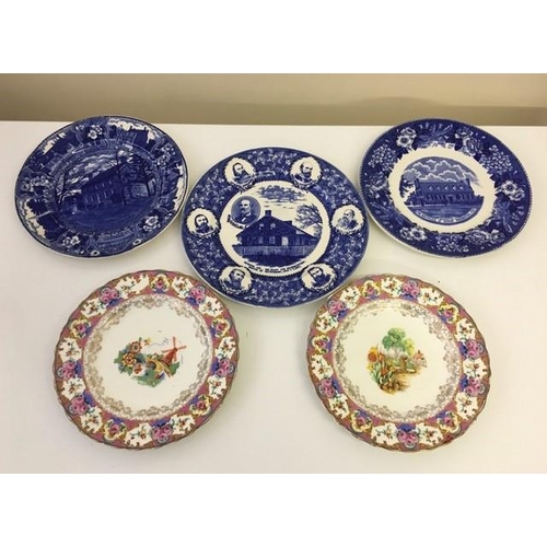 579 - A mixed lot of three Old English Staffordshire Ware & two Coalport display plates.