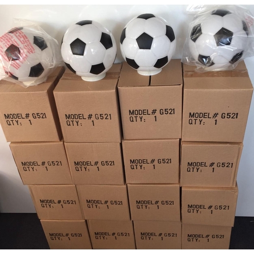 653 - A full box of 16, new/unused, glass novelty football design ceiling pendant lightshades. Height 17cm... 