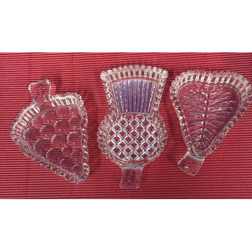 206 - Three vintage glass pin dishes, in the shape of a thistle, pear and bunch of grapes.