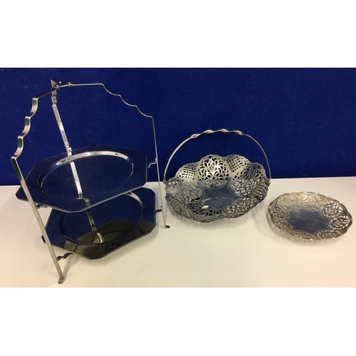 439 - Two vintage, silver-plated, bon-bon dishes (one requires re-attachment of foot), together with a sta... 