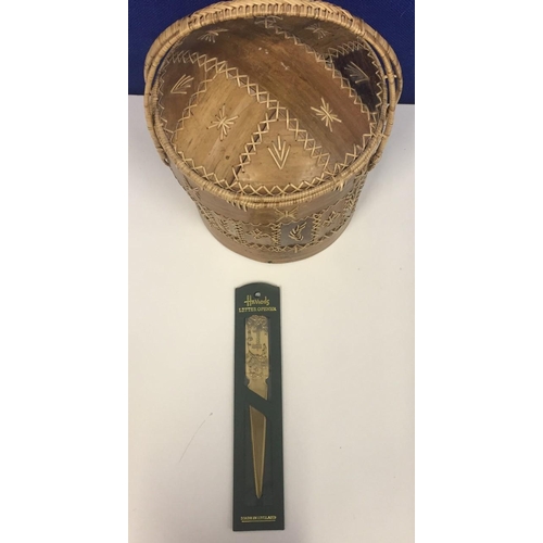 631 - A vintage basket, together with a new/unopened Harrod's letter opener.