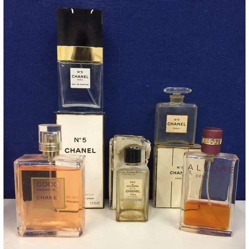 643 - Three empty vintage bottles of Chanel No.5, a part bottle of Allure & an almost full bottle of Coco ... 