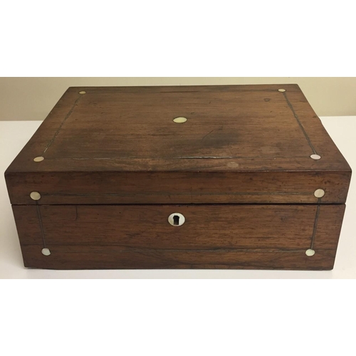 645 - A charming oak deed box, with inlaid brass detailing. No key present. Dimensions(cm) H11, W20, D22.