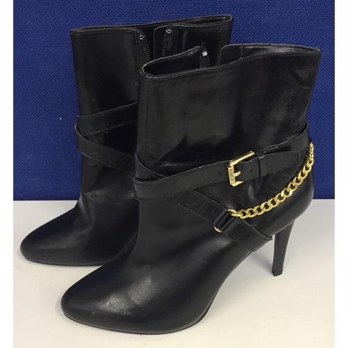 716F - Ralph Lauren Laurie black leather ankle boots, with gold buckle and chain. Appear unworn. UK size 3.