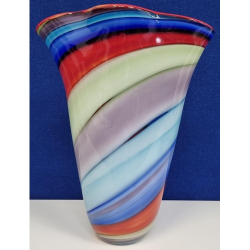 226 - A large 'Murano' style, candy stripe hand-blown art glass vase by 'Viz Glass', California. A heavy e... 