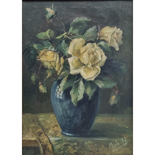 293 - A mid-century, charming original oil on canvas of a classic still life with roses. Signed by the art... 