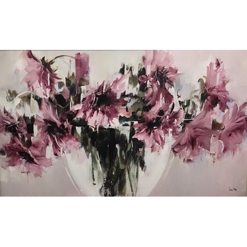 300 - An embelished print on board, after Nicole Pletts 'Pink Sunflowers', Framed dimensions(cm) 77x116.