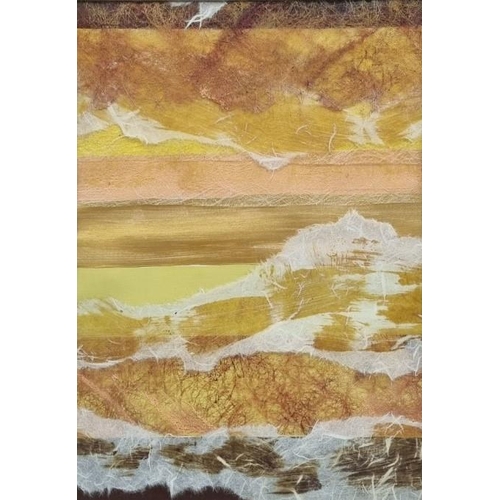 315 - An original, abstract landscape textile collage. Artist unknown. Framed dimensions(cm) H58, W43.