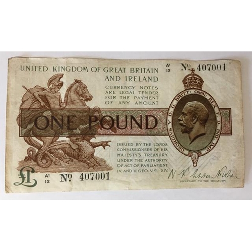 482 - One Pound Note - Warren Fisher, Secretary to the Treasury, C.1919, 3rd series issue. No, A12 407001.... 