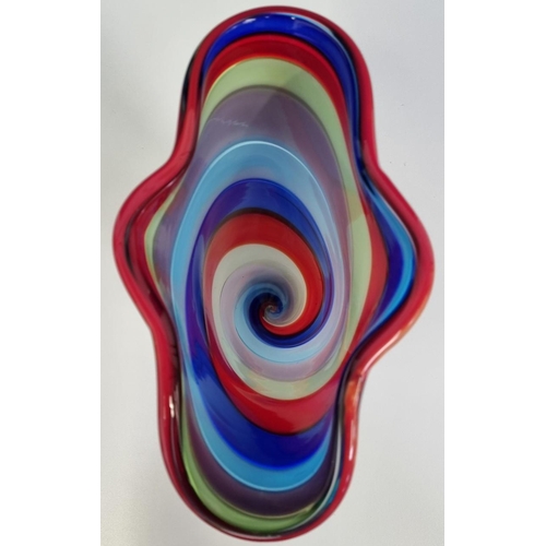 226 - A large 'Murano' style, candy stripe hand-blown art glass vase by 'Viz Glass', California. A heavy e... 