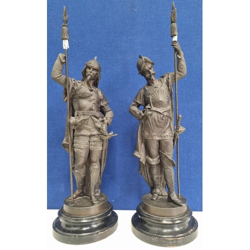 444 - Two well-rendered, later 19th century spelter figures, mounted on wooden plinths. Medieval period Fr... 