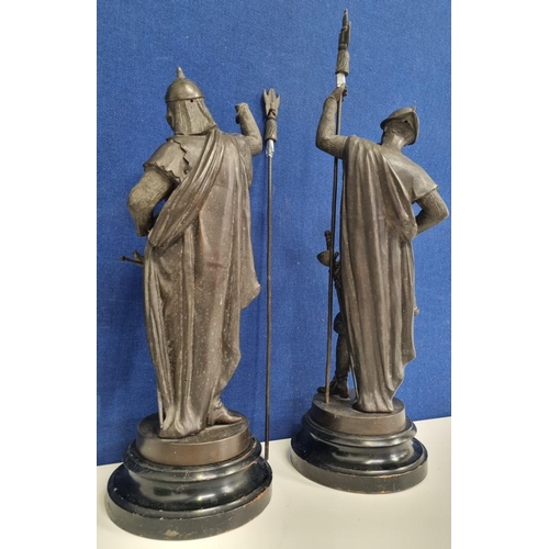 444 - Two well-rendered, later 19th century spelter figures, mounted on wooden plinths. Medieval period Fr... 