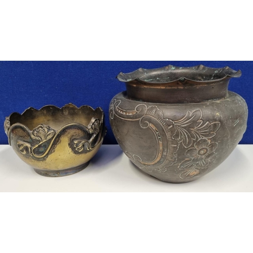 449 - A duo of metal planters. To include a reproduction, stylised art nouveau example & a large antique b... 