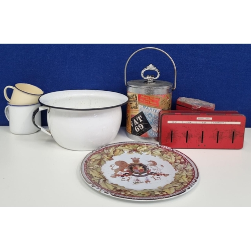 451 - A quantity of vintage metal ware, to include a tin enamel chamber pot & mugs, a retro advertisement ... 