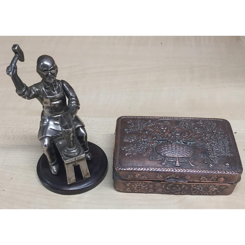 458 - A metal cobbler model, together with a heavy copper trinket box.