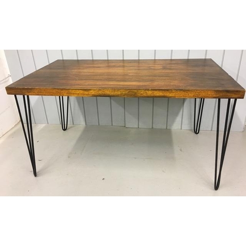 15 - A contemporary dining table, with four matching chairs. Solid wood, supported by hairpin legs. Table... 