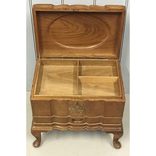 95 - A vintage, carved sandal wood sewing box with lift lid, organiser tray & single drawer, on squat cab... 