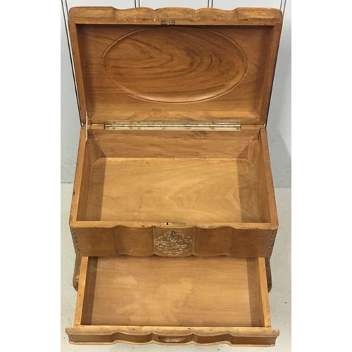 95 - A vintage, carved sandal wood sewing box with lift lid, organiser tray & single drawer, on squat cab... 