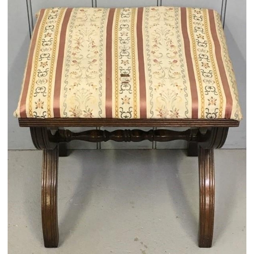 100 - An Edwardian x-frame stool, upholstered in a striped/patterned fabric. Dimensions(cm) H48, W44, D37.