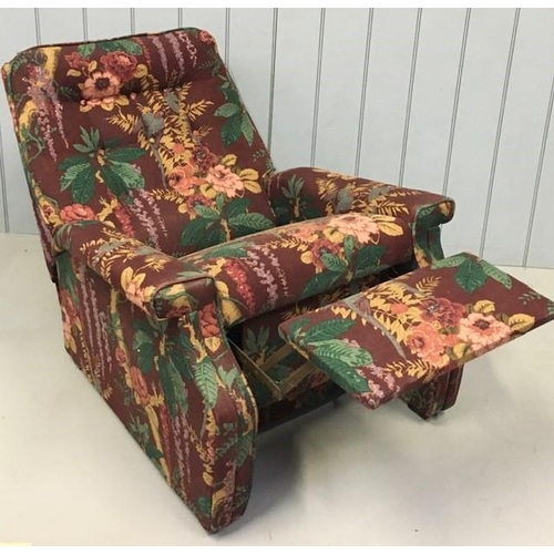 144 - A vintage, upholstered reclining armchair, likely by Parker Knoll. Dimensions(cm) H95, W85, D82.