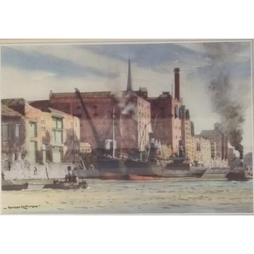 319 - A set of four nautical-themed prints, after Norman Wilkinson, CBE. One of an industrial docks scene.... 