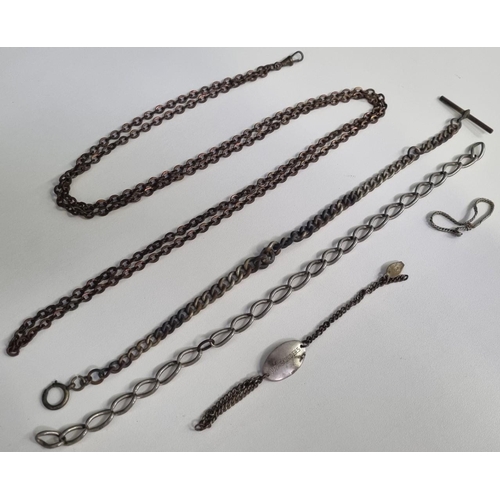 406 - A collection of vintage chains, to include a 'T-bar' watch chain & an identity bracelet with a sterl... 