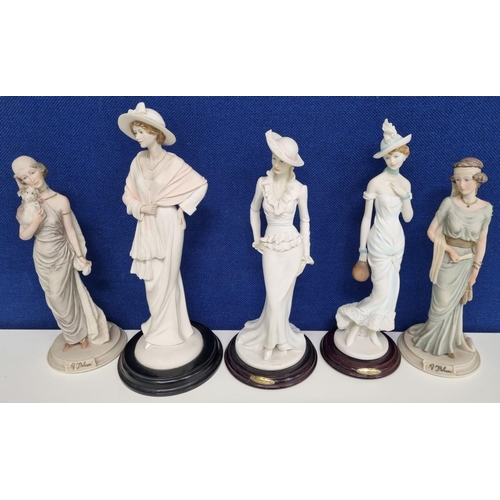 493 - A collection of five resin lady figurines. To include  'Capodimonte' Art Deco style examples, a 'Leo... 