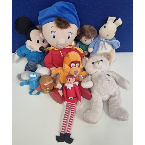 762 - A selection of nine soft toys, various popular characters including a large 'Noddy' doll, a 'Peter R... 