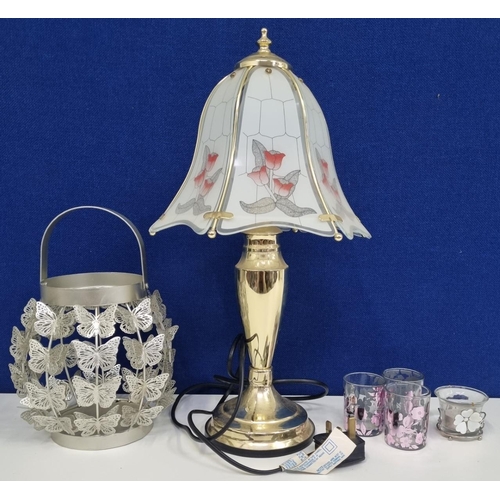 786 - A retro lamp with glass shade, together with tea light holders & a contemporary butterfly-themed lan... 