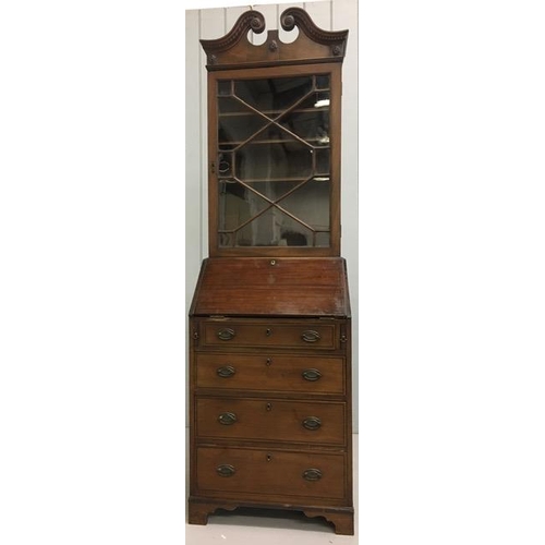 39 - A narrow, mahogany bureau bookcase. One key present. Fall front, fitted interior. Requires a little ... 