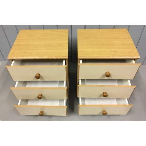 63 - A pair of cream/beech wood effect, three-drawer bedroom chests. Dimensions(cm) H60, W45, D40.