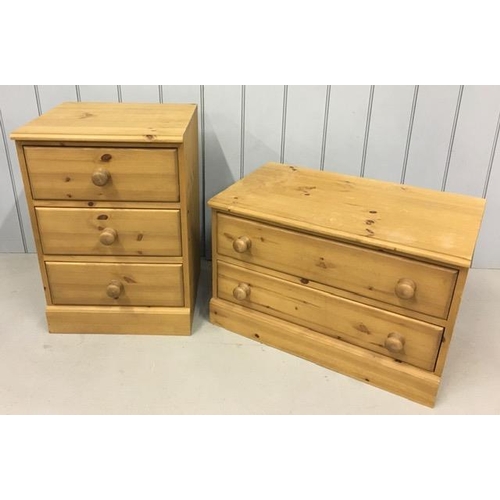 65 - A matching set of solid pine chests of drawers. A narrow three drawer chest accompanied by a wider/l... 