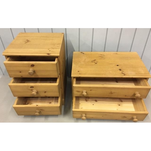 65 - A matching set of solid pine chests of drawers. A narrow three drawer chest accompanied by a wider/l... 